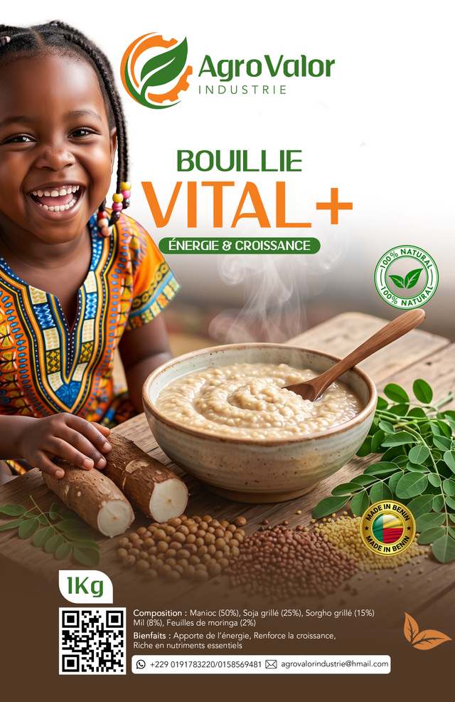 Sachet de Bouillie Vital+ AgroValor, 1 kg, avec un bol de bouillie, du manioc, des graines et des feuilles de moringa.